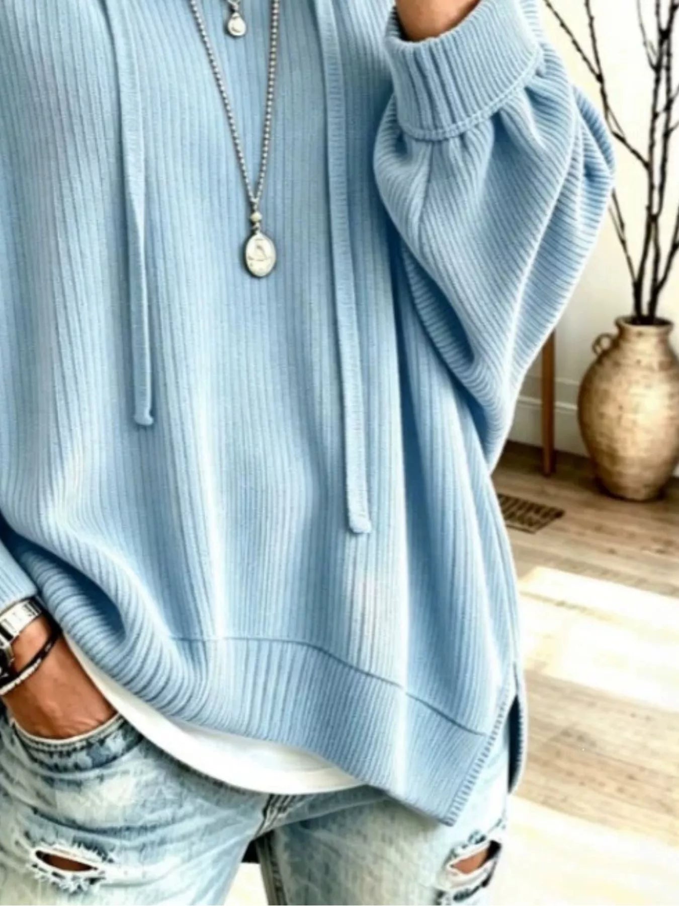 Drawstring Ribbed Knit Hoodie