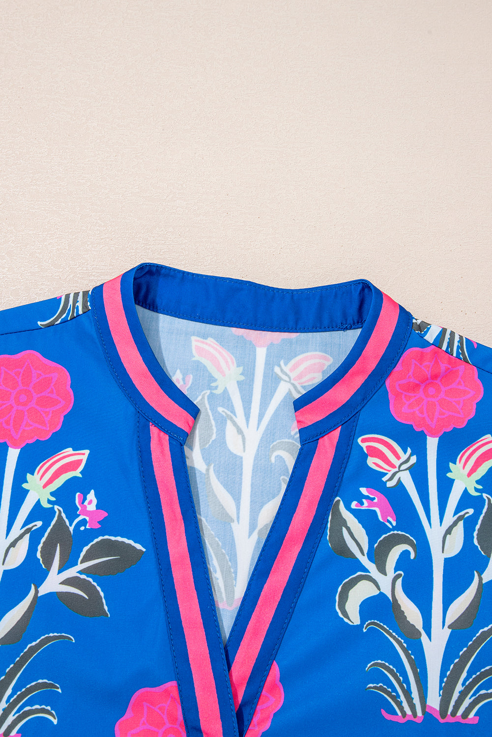 Floral Stripe Trim Notch Neck Long Sleeve Blouse