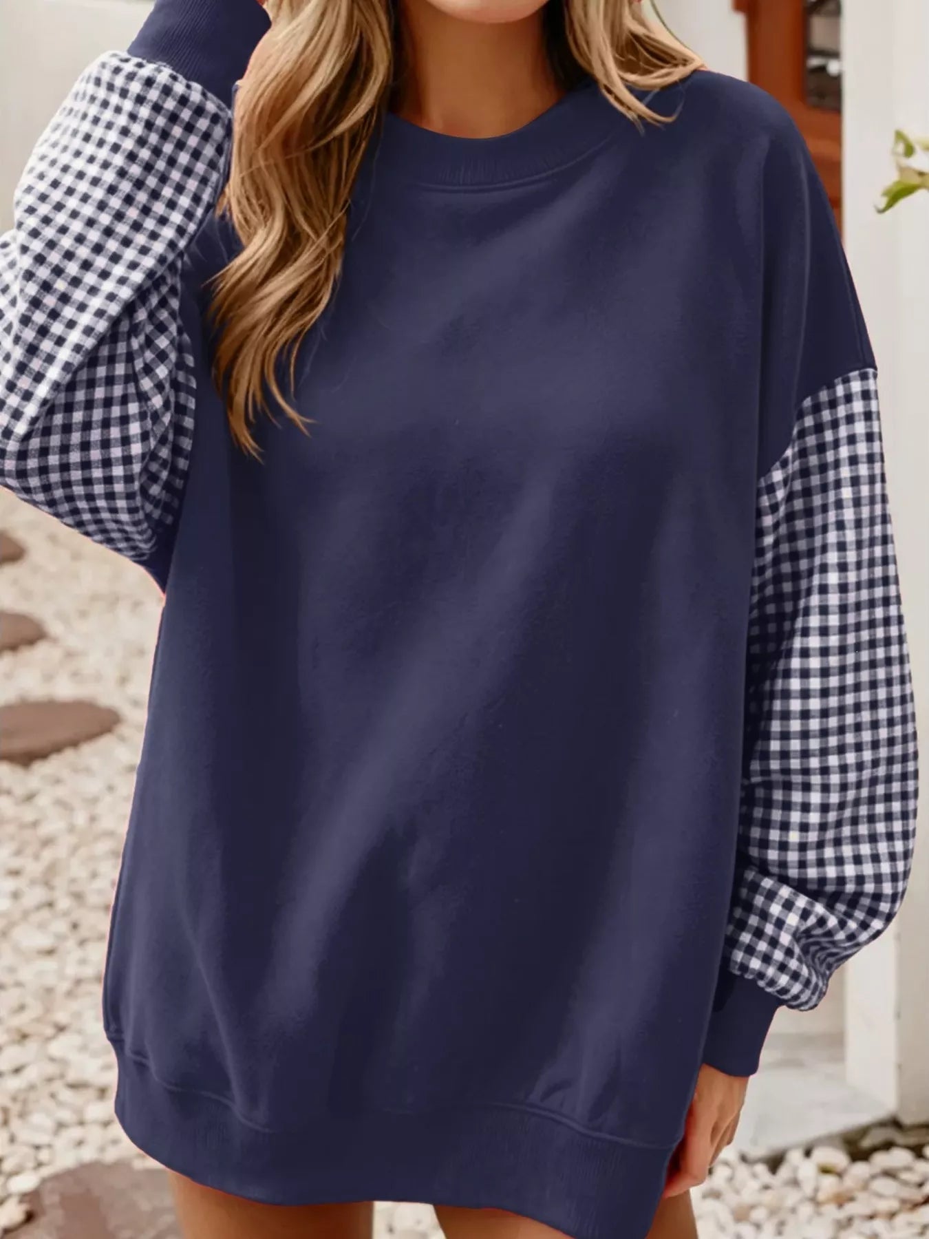 Contrast Gingham Long Sleeve Sweatshirt