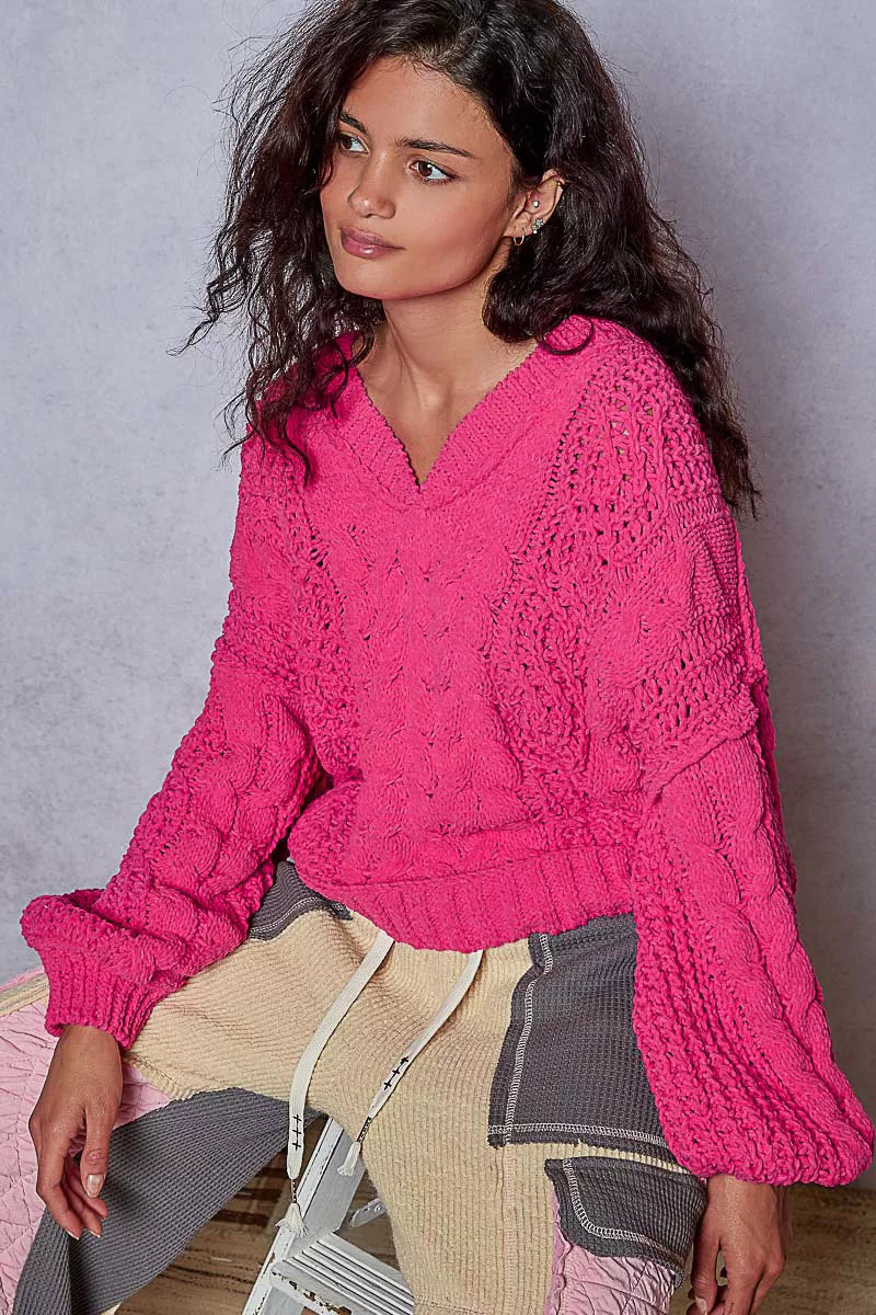 POL Cable-Knit Solid V-Neck Cropped Sweater