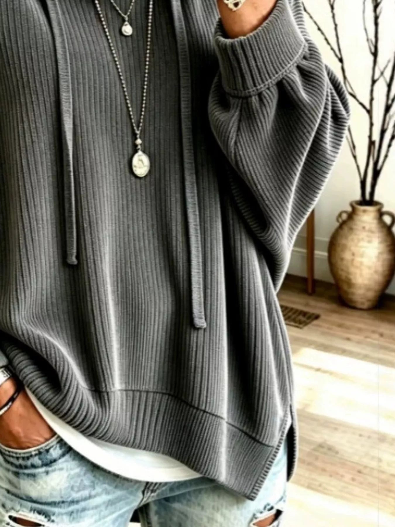 Drawstring Ribbed Knit Hoodie