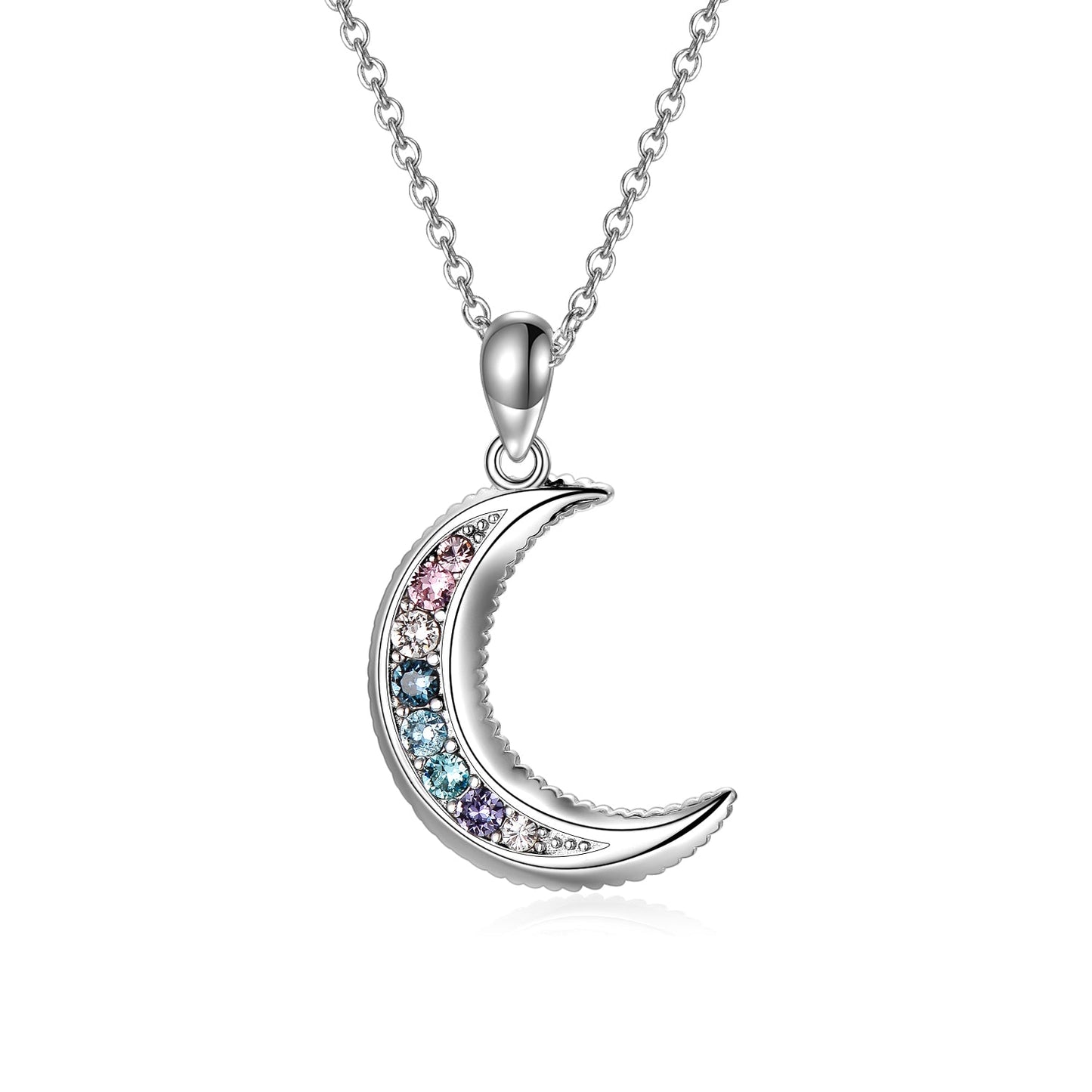 Sterling Silver Moon Necklace Crescent Moon Pendant with Crystals