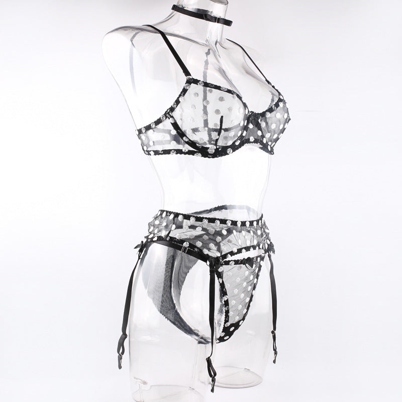 Polka Dot Lingerie Four-piece Set With Scarf Waist Bow Ultra-thin See-through