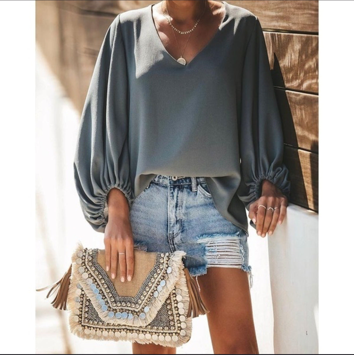 V-neck blouse with lantern sleeves