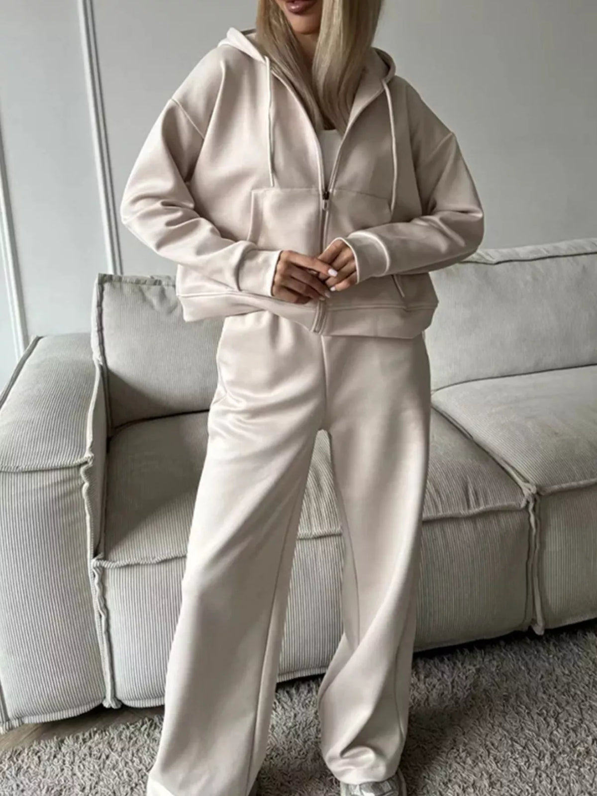 Zip-Up Hoodie and Wide-Leg Pants Set