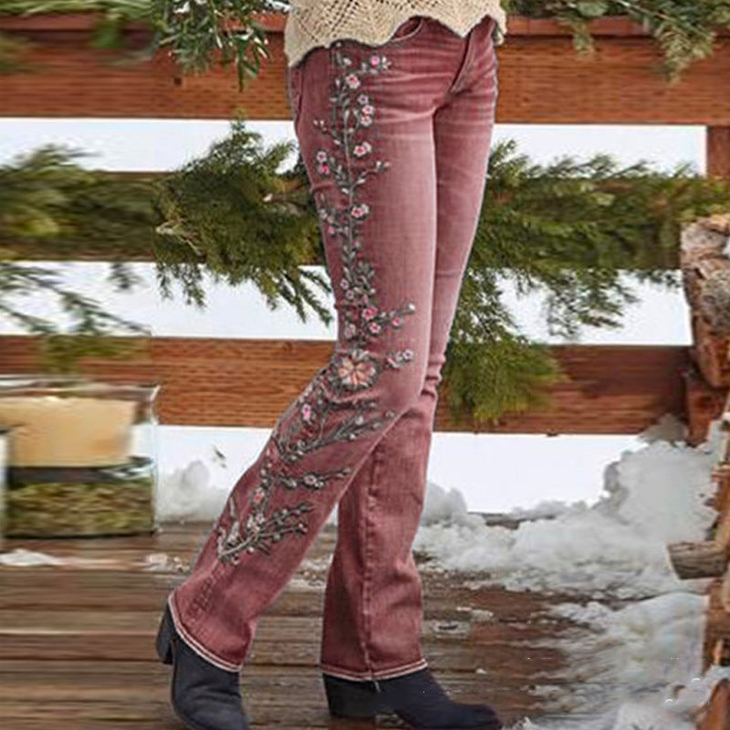 Embroidered retro style embroidered straight-leg jeans