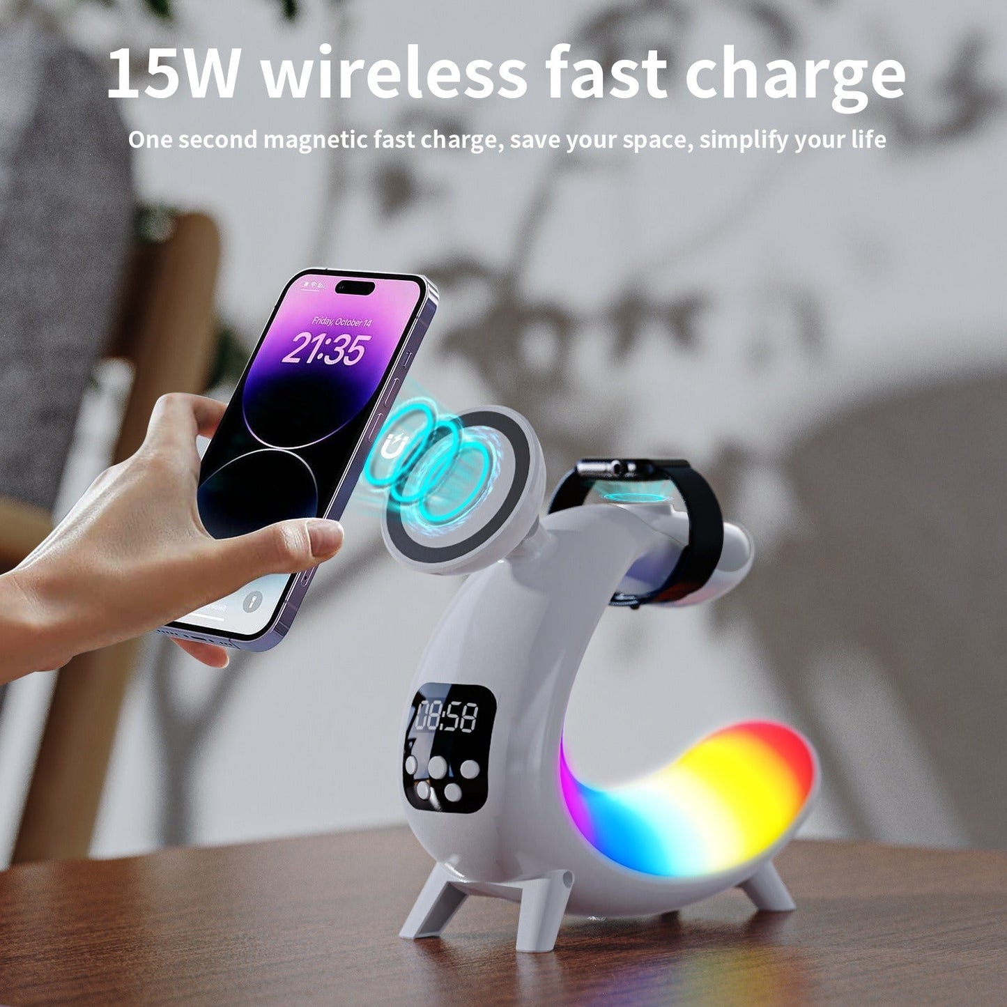 Wireless Charger For Mobile Phone Headphone Wireless Charger Power Bank With Clock Audio And Nigh Light 6 In 1 Charging