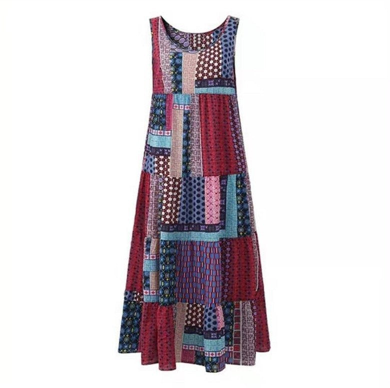 National style printed sleeveless plus size midi skirt
