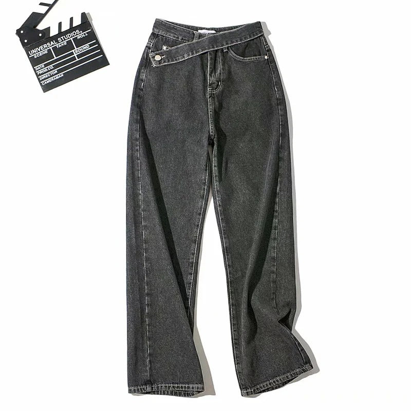 Oblique Belt High Waist Mopping Denim Wide Leg Pants