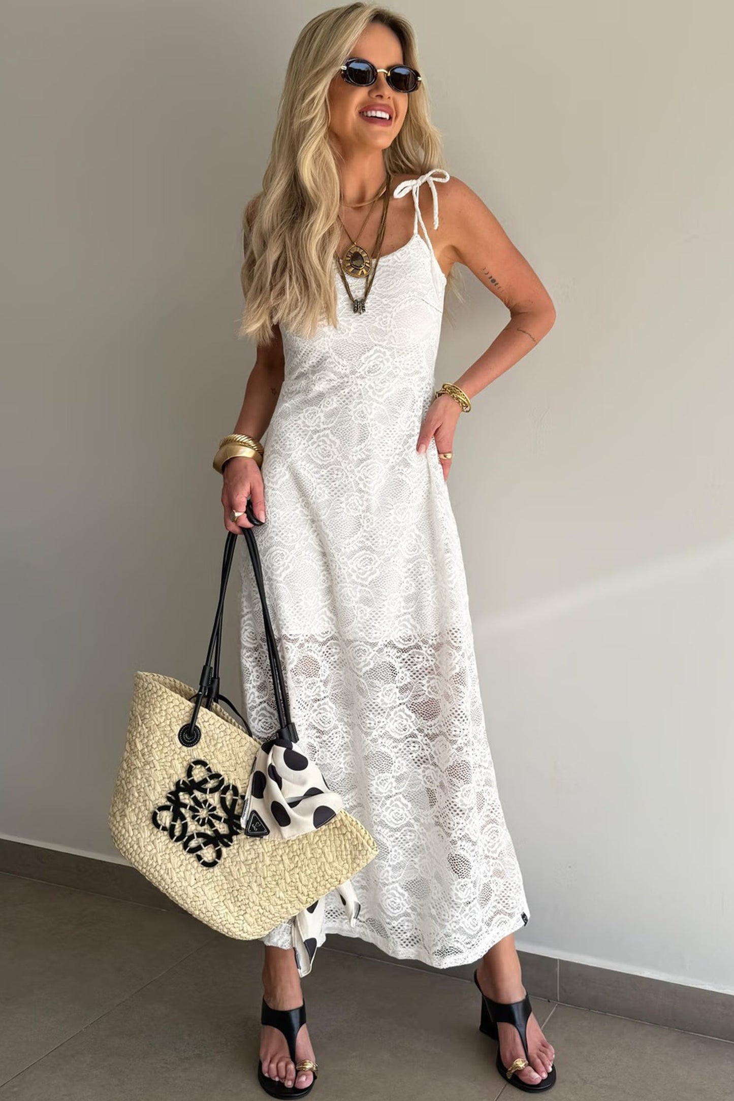 Floral Lace Tie Spaghetti Straps Maxi Dress