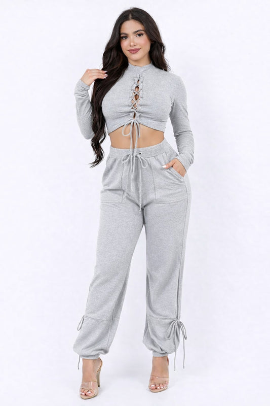 Frenchterry Pant Set With Center Open Top Set 291X057SET