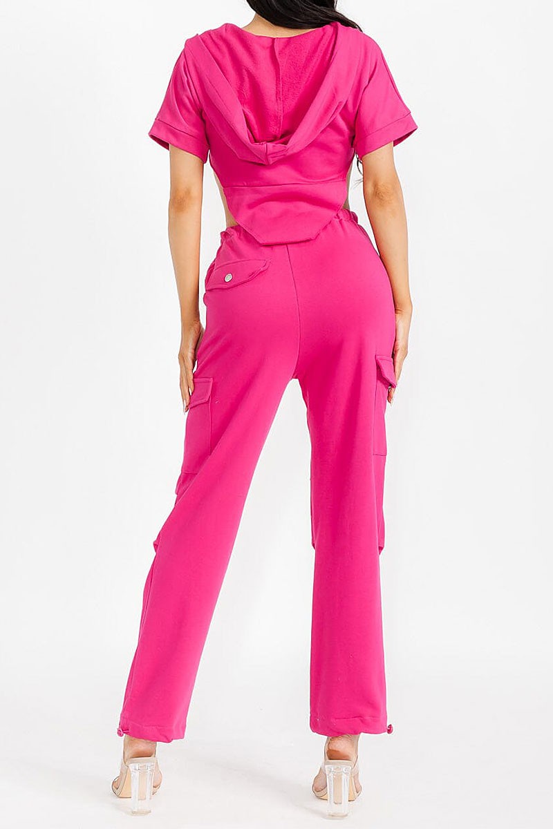 Short Sleeve Hooded Top & Elastic Waist Pants Solid 2pc. Set