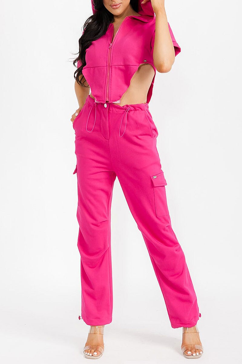 Short Sleeve Hooded Top & Elastic Waist Pants Solid 2pc. Set
