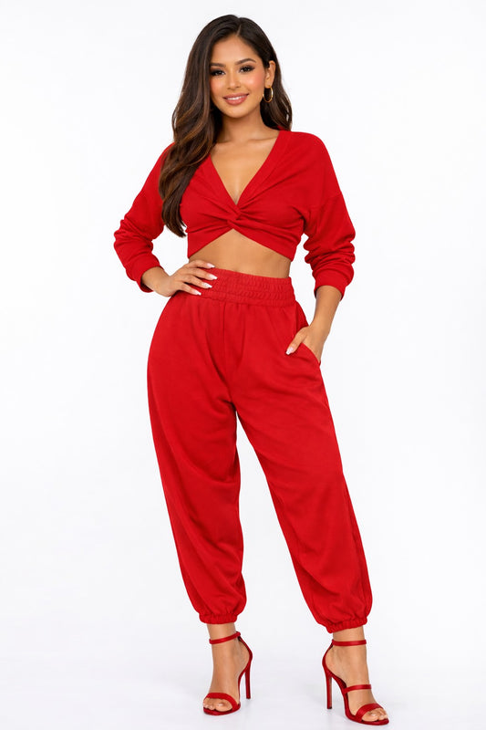 French Terry Crop Top Set With Pant