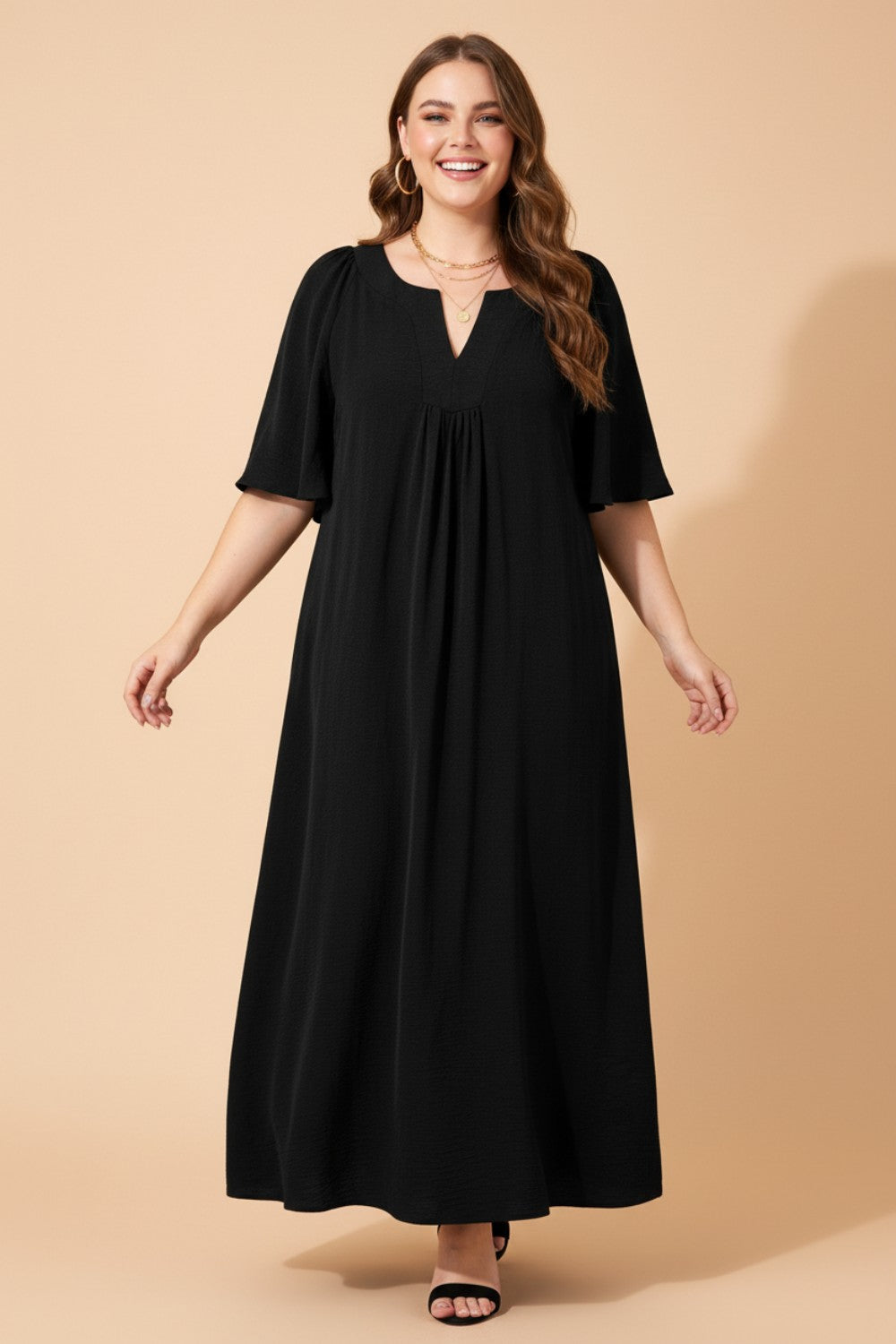 Plus Size Solid Notched Neck Short Sleeve Dress