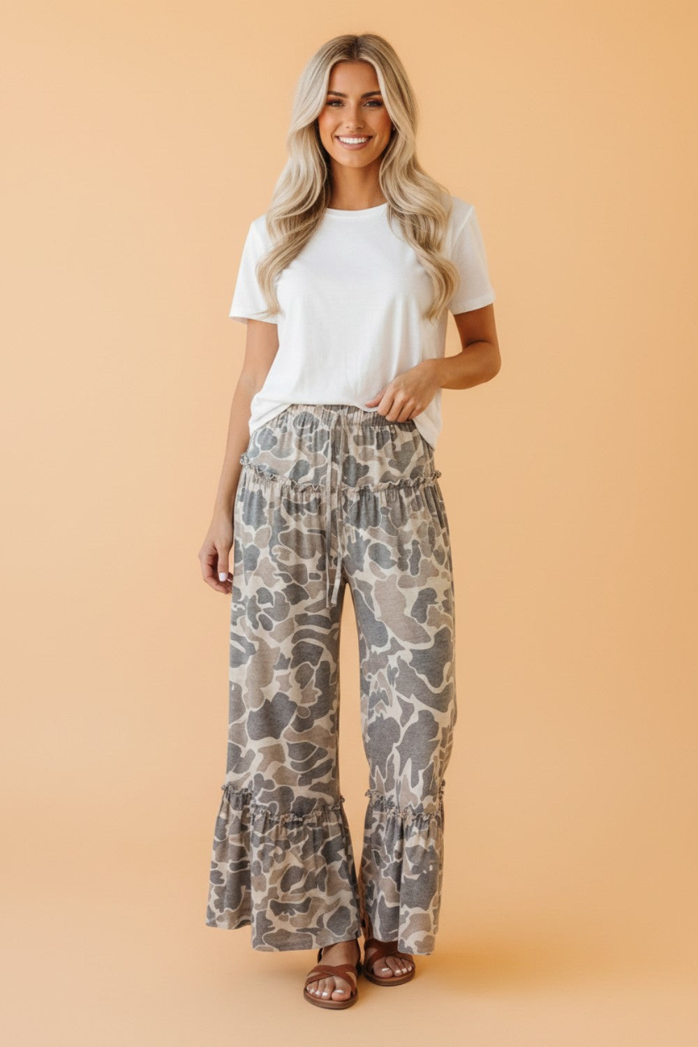 Camo & Leopard Ruffle Tiered Wide Leg Pants