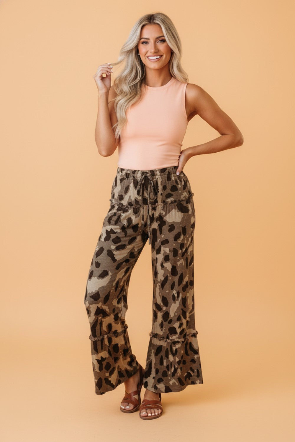 Camo & Leopard Ruffle Tiered Wide Leg Pants