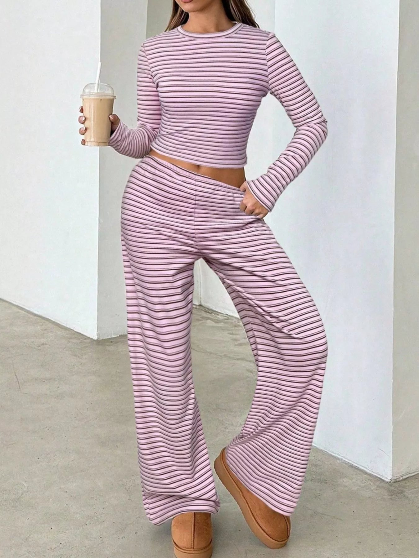 Striped Long Sleeve Crop Top and Wide Leg Pants Two-Piece Set