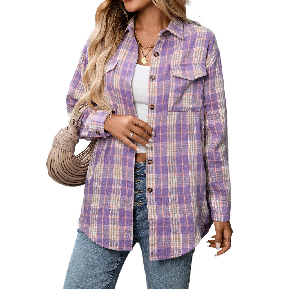 Autumn And Winter Cross-Border European And American Clothing 2025 New Casual Fashion Loose Plaid Pocket Shirt For Women