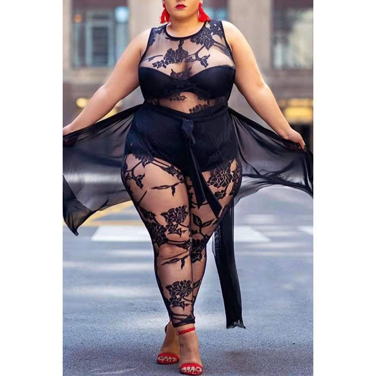 Plus Size Women's Sexy Flocking Jumpsuit Temperament Commuter