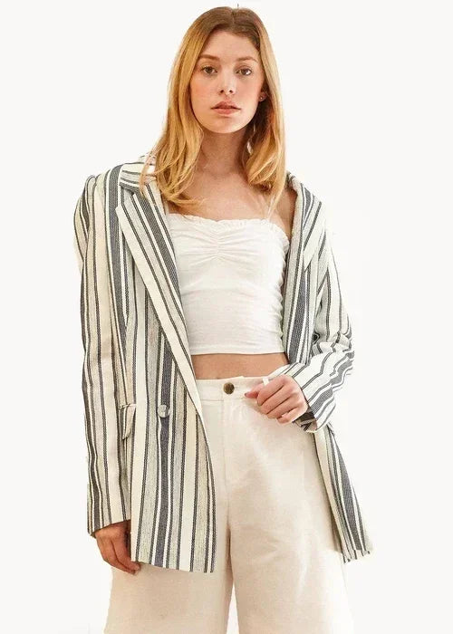 Blue White Stripe Blazer | Double Breasted Tweed Jacket - Femstylo