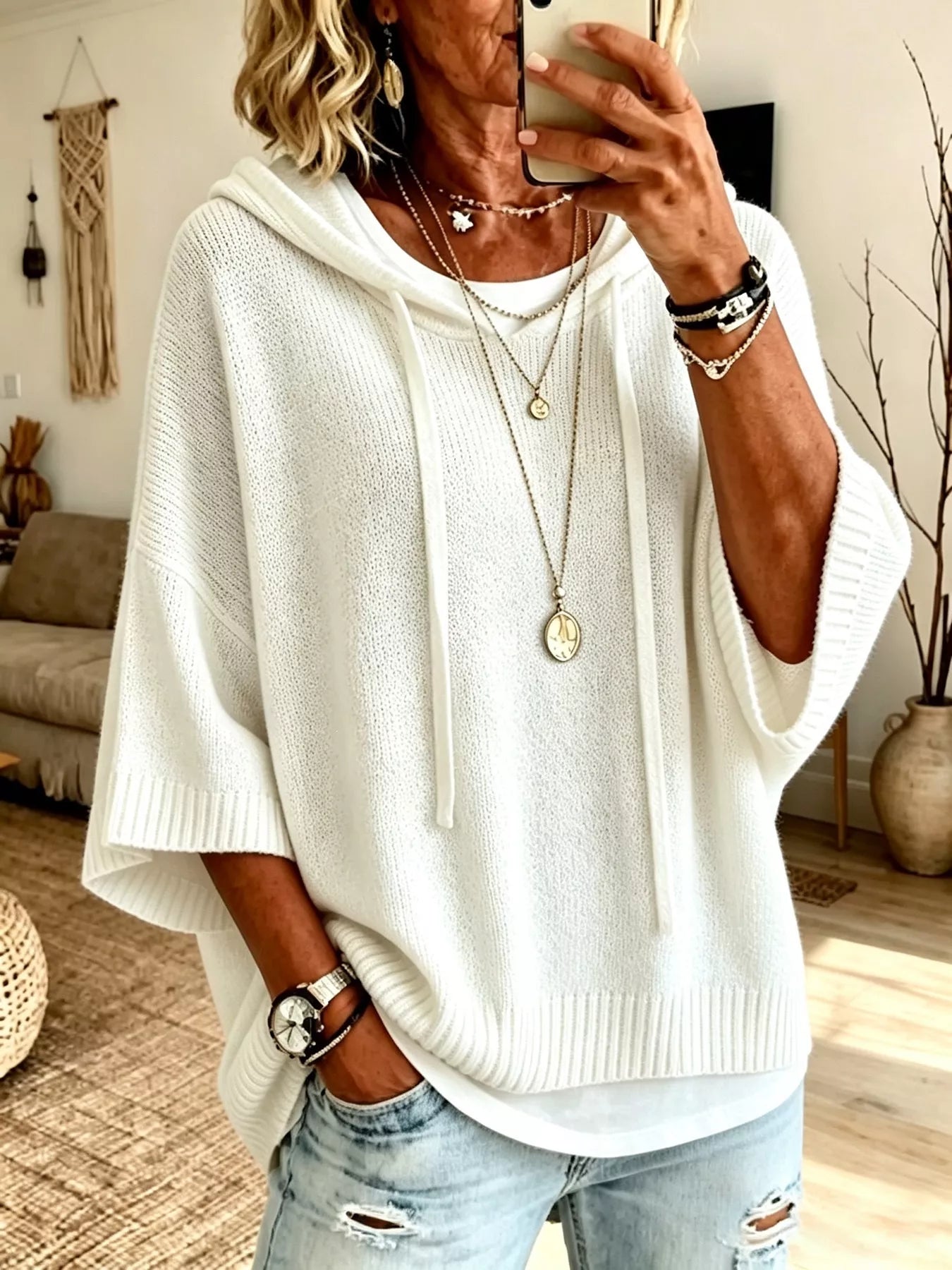 Full Size Drawstring 3/4 Sleeve Hooded Sweater Plus Size