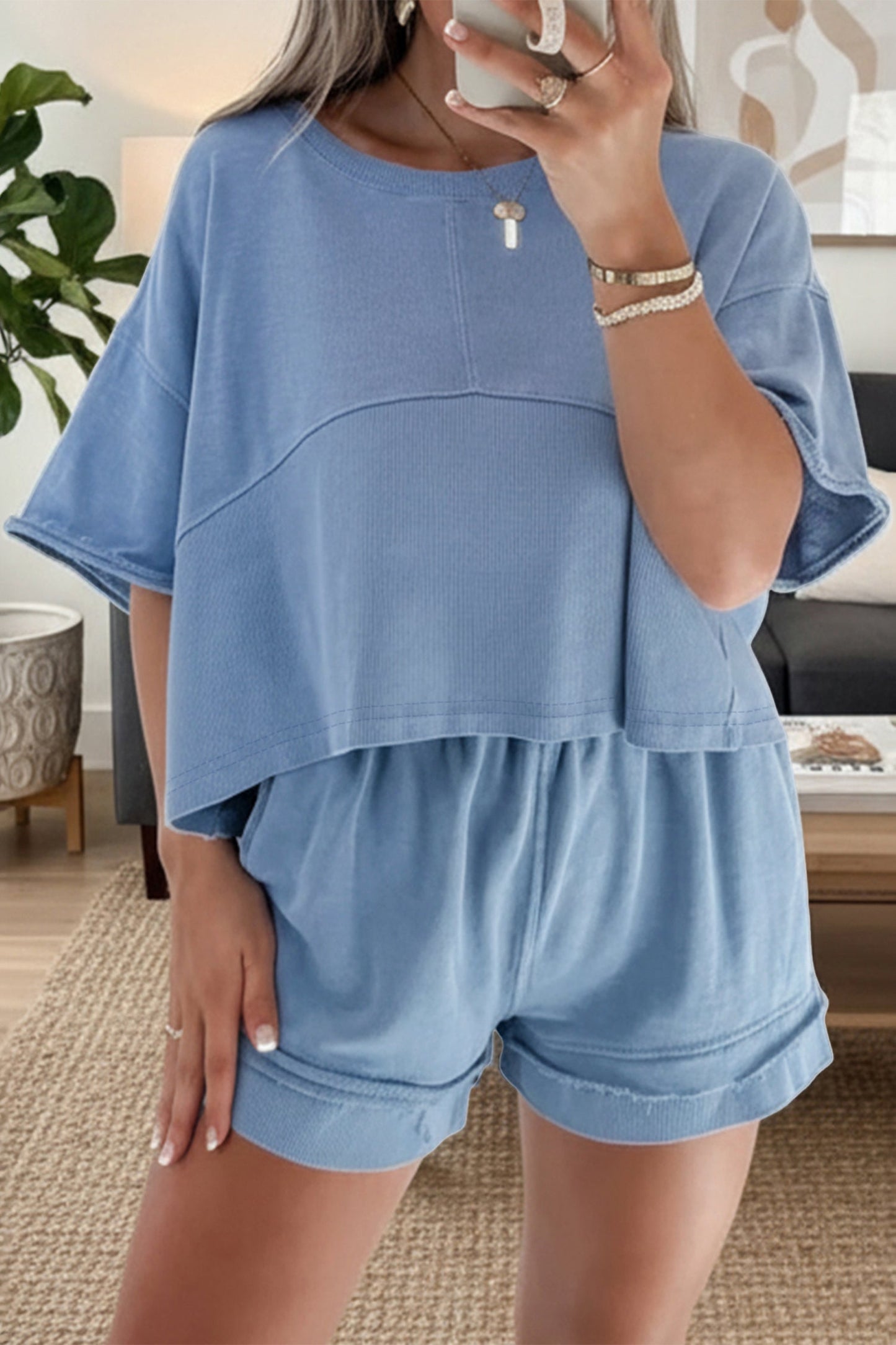 Solid Textured Raw Edge Top and Short Set