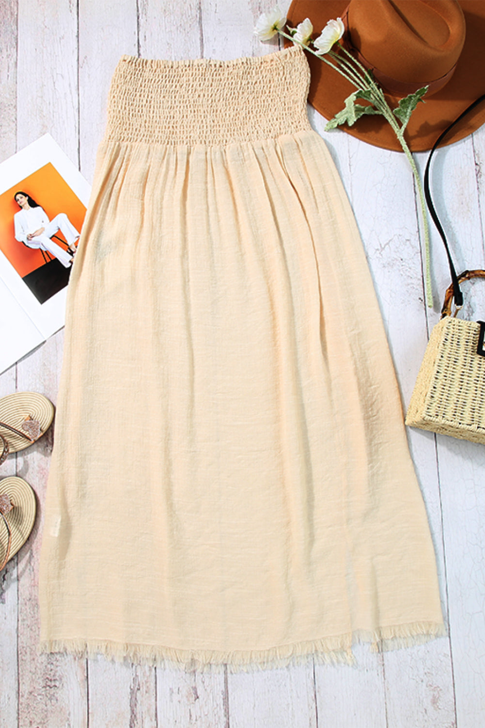 Shirred High Waist Side Slit Beach Maxi Skirt