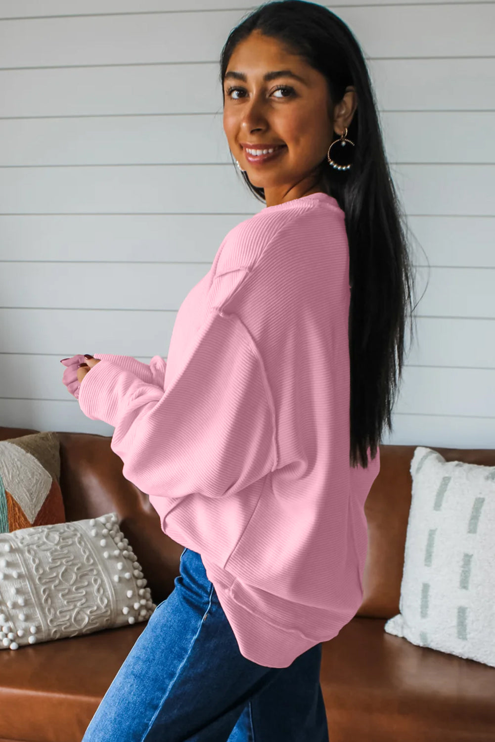 Ribbed Exposed Seam Drop Shoulder Pullover