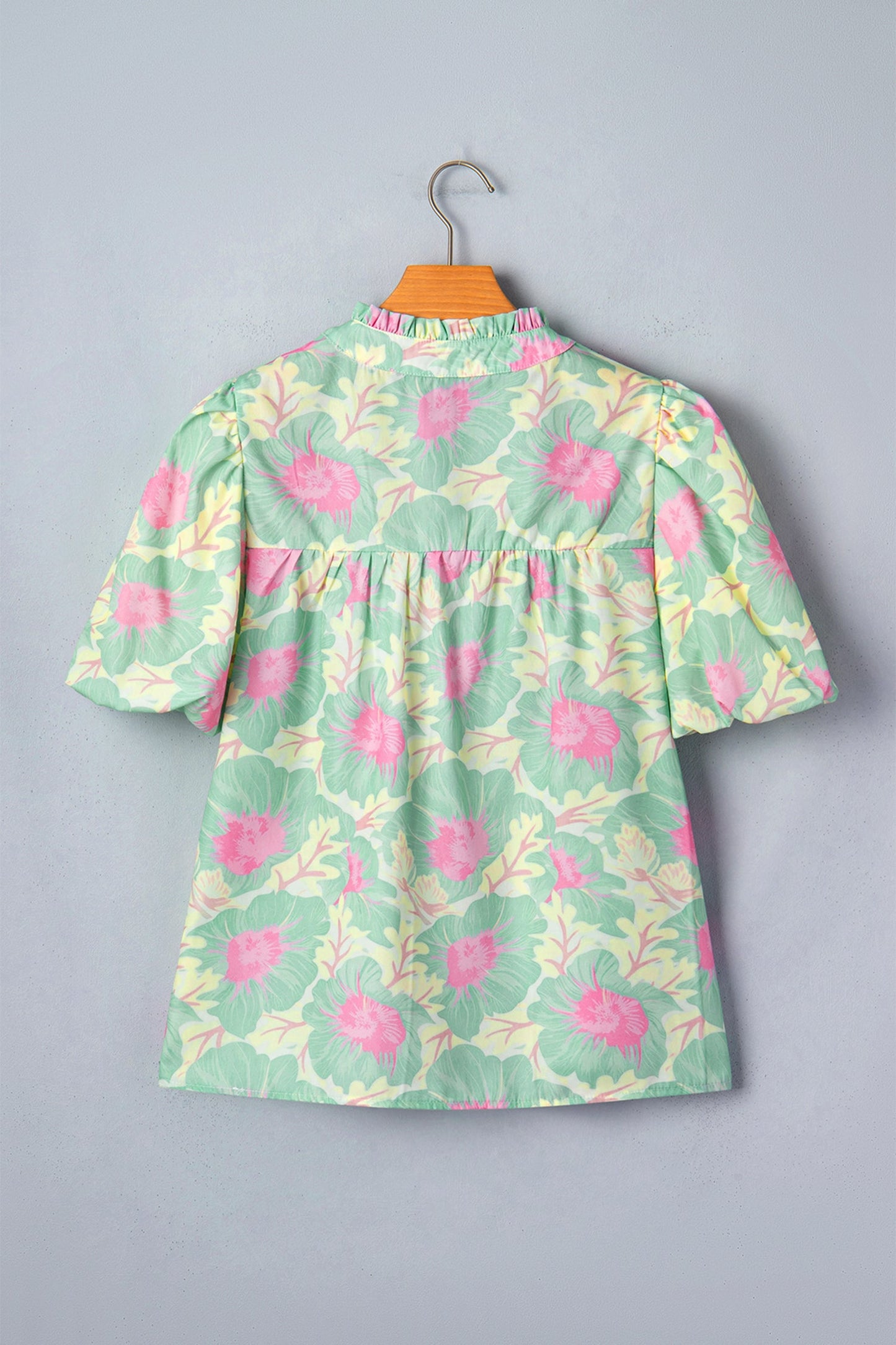 Floral Frilled V-Neck Bubble Sleeve Babydoll Blouse