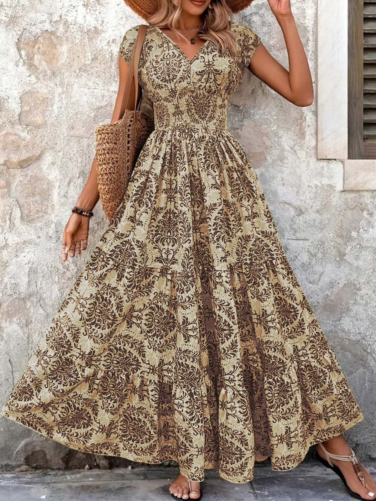 2026 Amazon Cross-Border Export Retro Printed Dress Fashionable And Elegant V Neck Short-Sleeved Dress Women's Dress