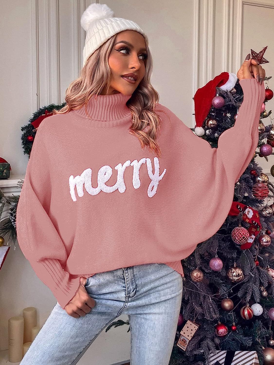 European And American Cross-border Christmas Turtleneck Women's Clothing Amazon Autumn And Winter Loose Bat Sleeve Outerwear Knitted Top Women