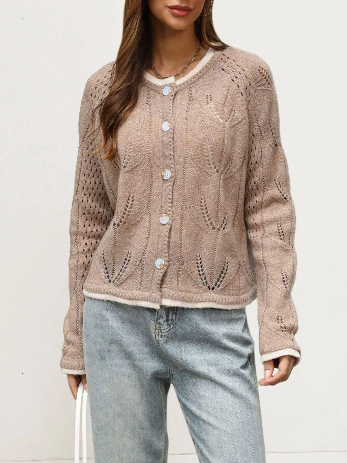Hollow-Out Knit Button-Down Cardigan