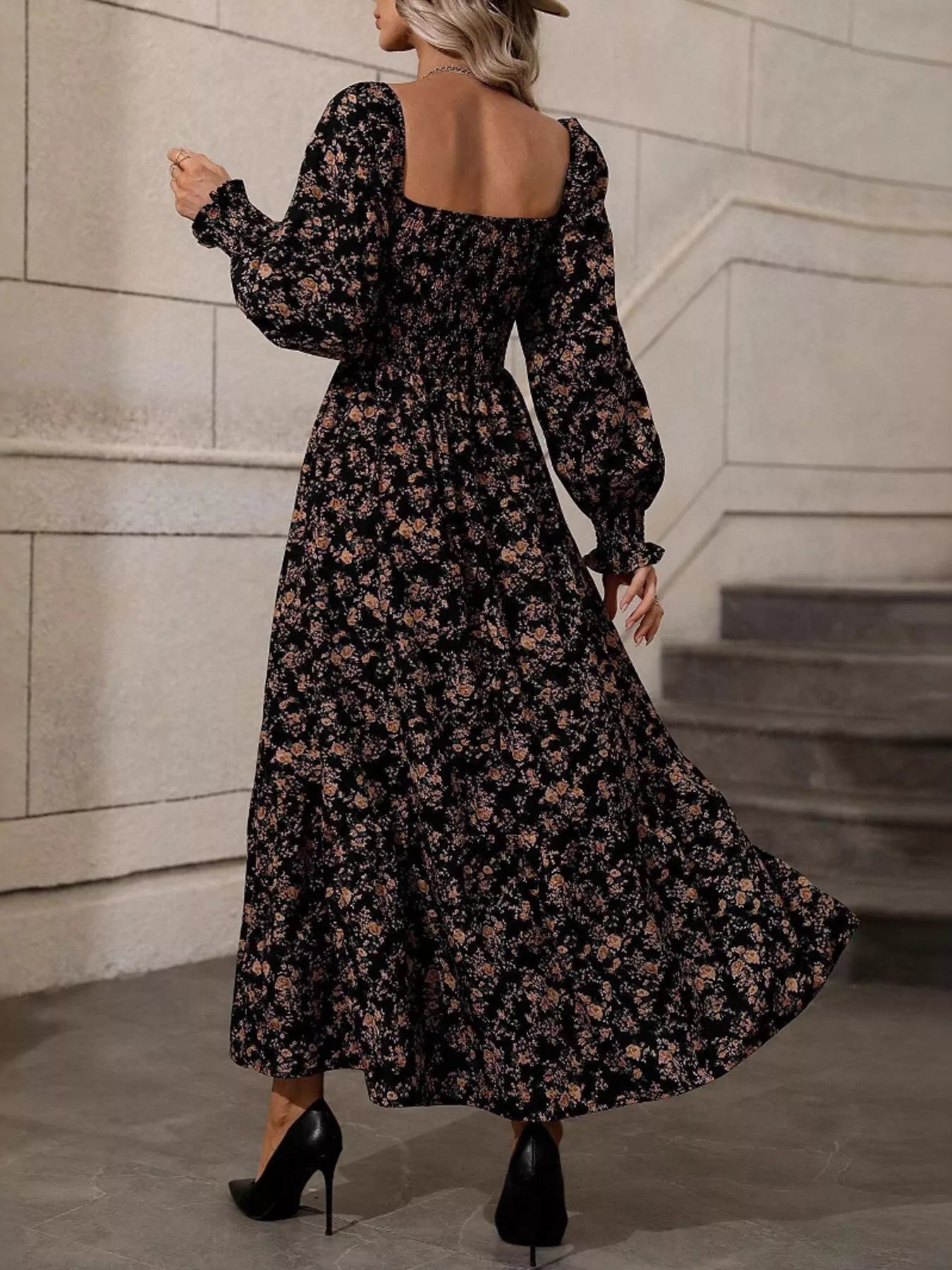 Floral Print Square Neck Smocked Midi Dress