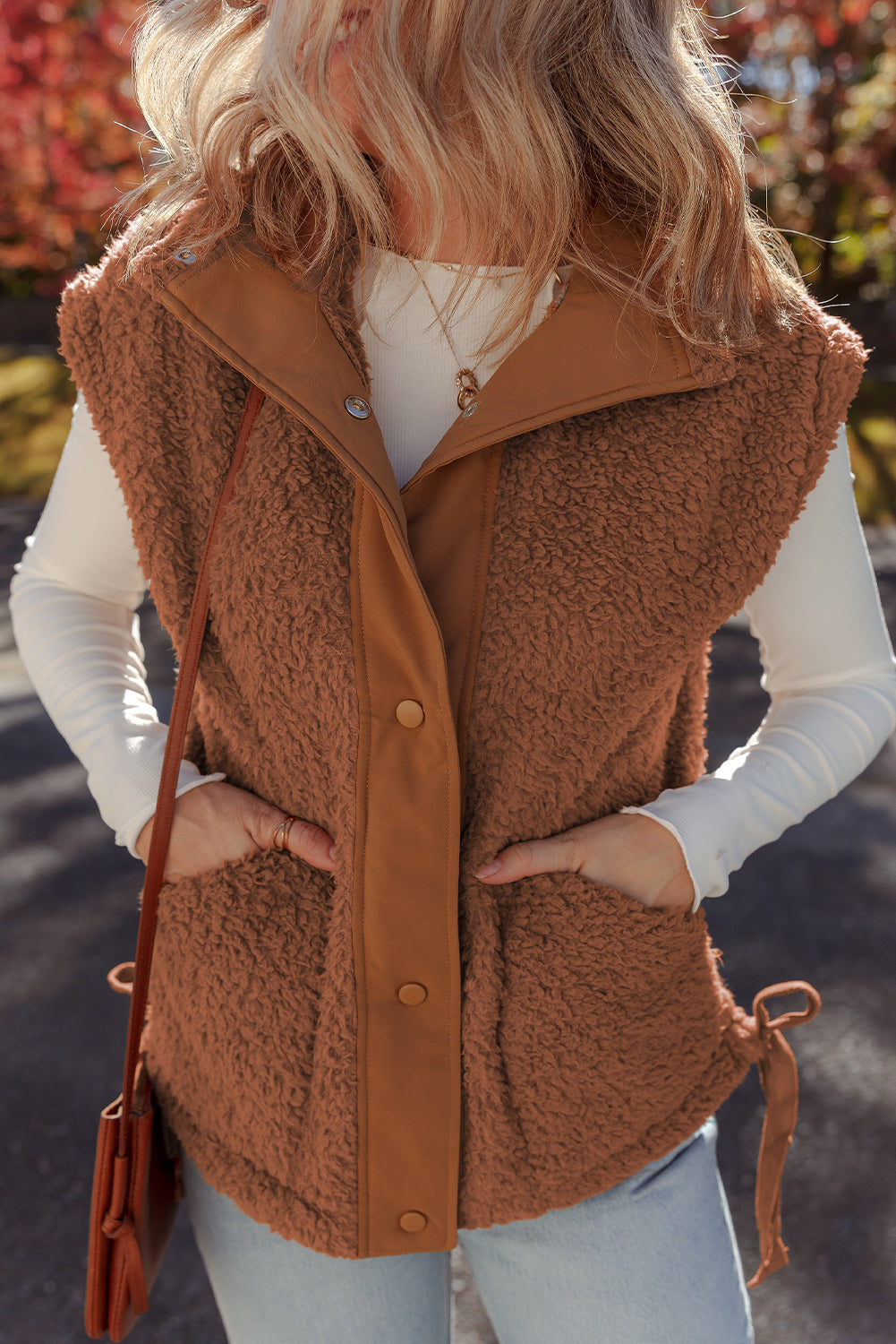 Solid Fleece Snap Button Side Tie Vest