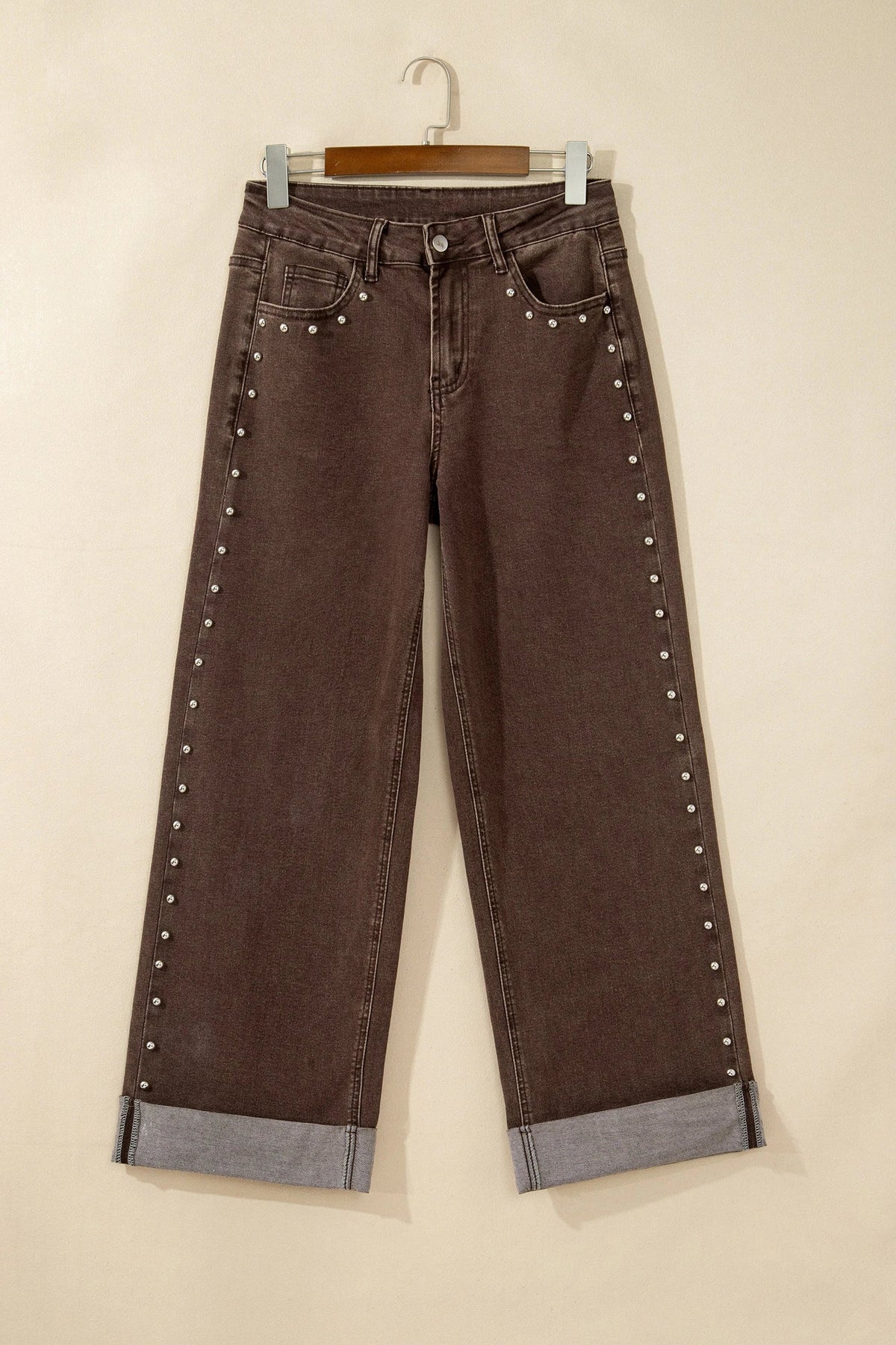 Solid Denim Studded Side Seam Straight Leg Jeans