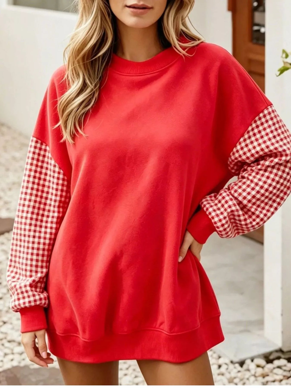 Contrast Gingham Long Sleeve Sweatshirt