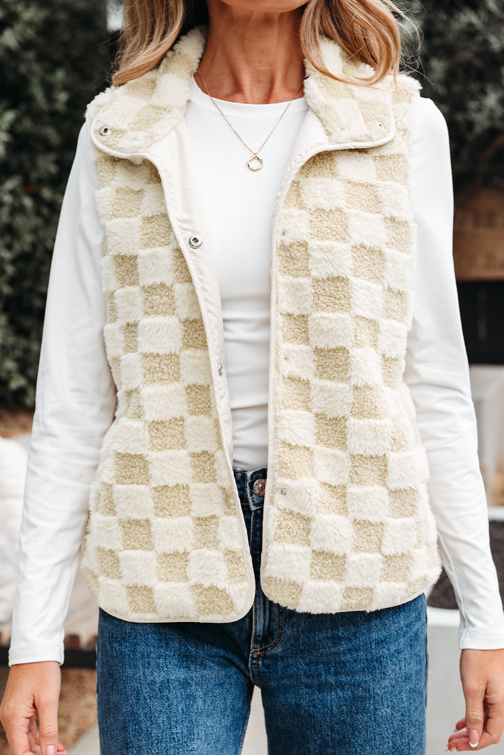 Stevie Sherpa Checkerboard Button Vest With Pocket