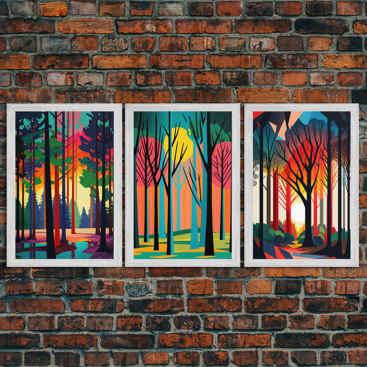Retro Pine Tree Forest In The Fall, 3 Piece Canvas, 3 Panel Art, Framed Canvas Art, Colorful Abstract / Minimalism Landscape Art