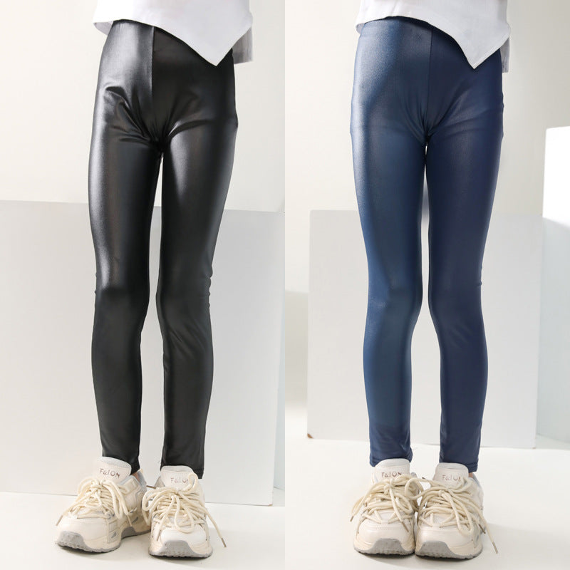 Thin Childrens Slim-fit Faux Leather Pants