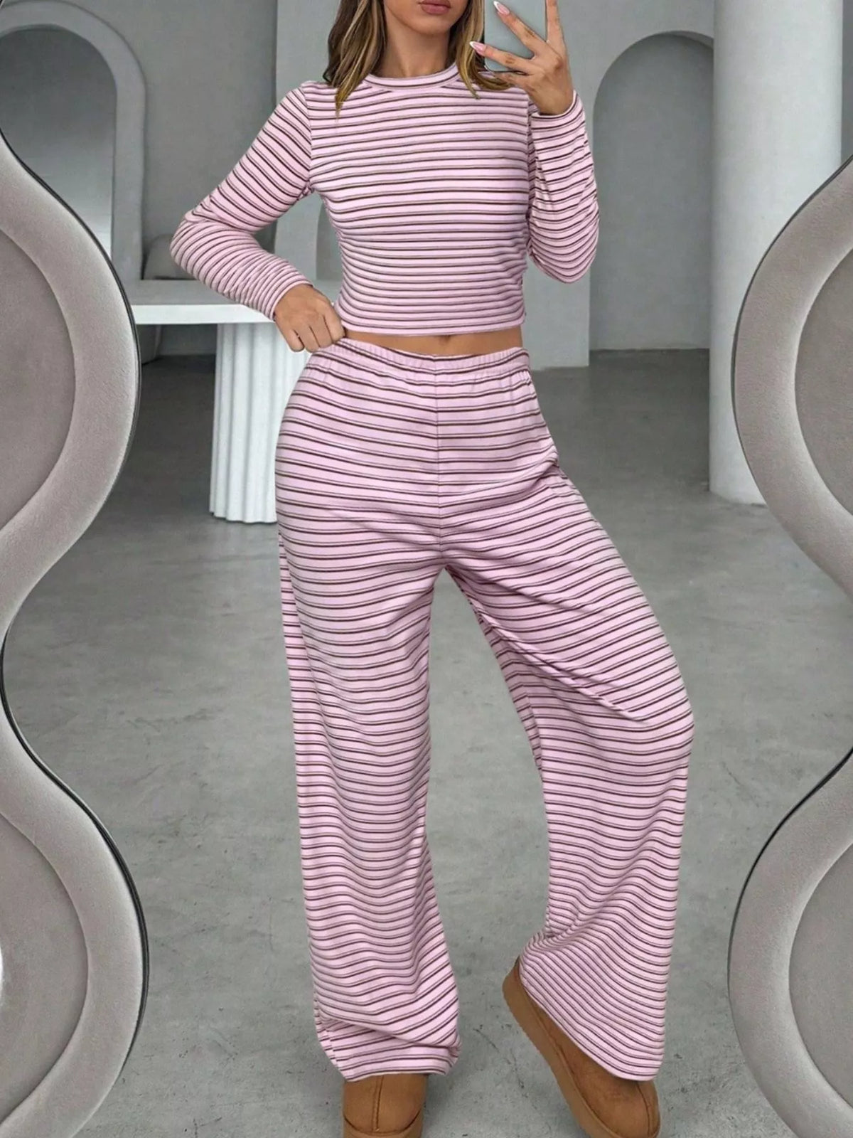 Striped Long Sleeve Crop Top and Wide Leg Pants Two-Piece Set