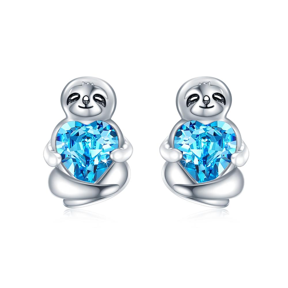 Sterling Silver Sloth Stud Earrings with Heart Blue Crystals Birthday Sloth Gifts for Women Her