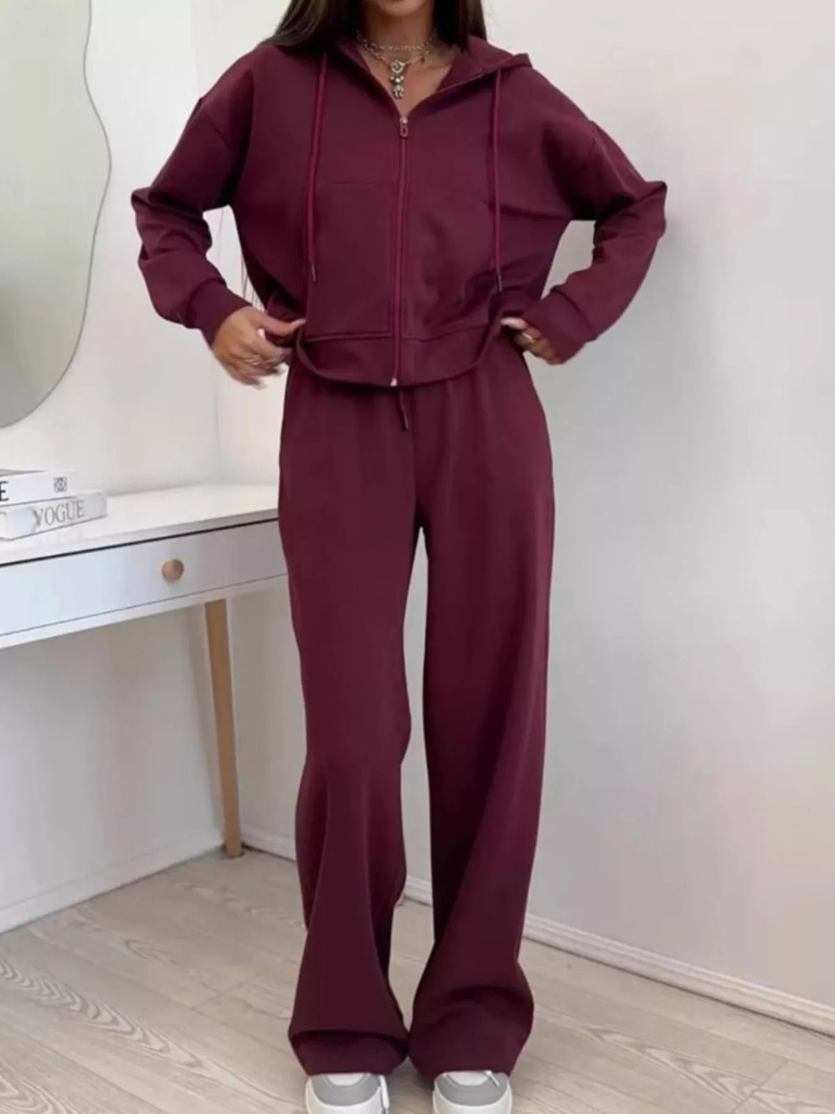Zip-Up Hoodie and Wide-Leg Pants Set