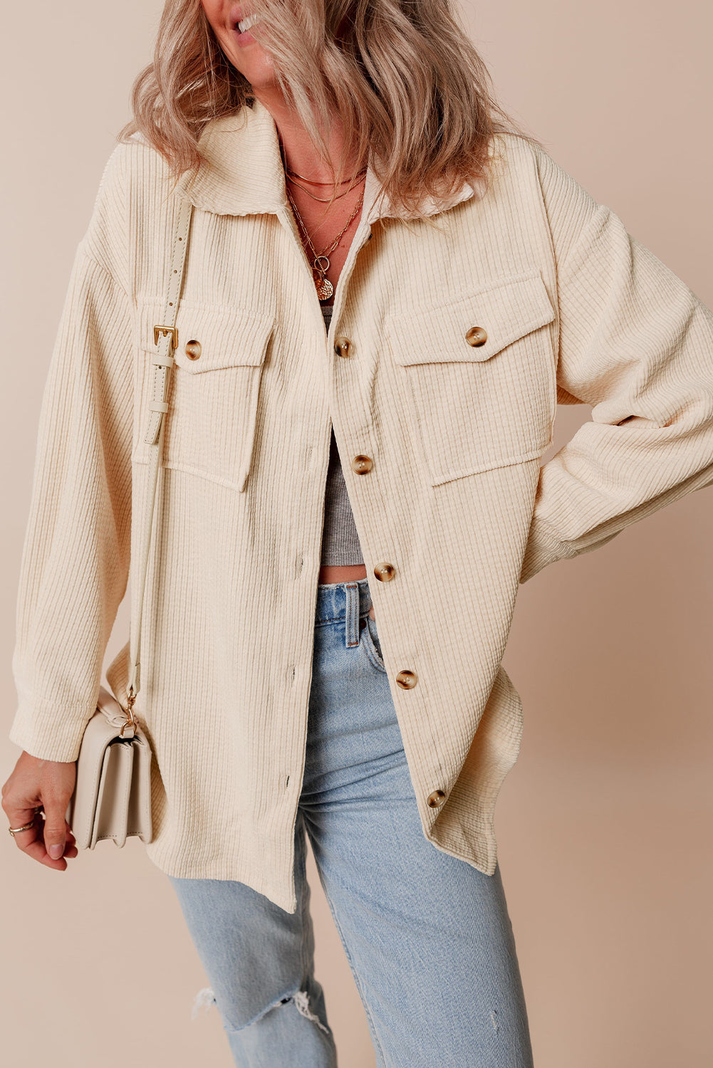 Solid Corduroy Button-Up Pocketed Shacket