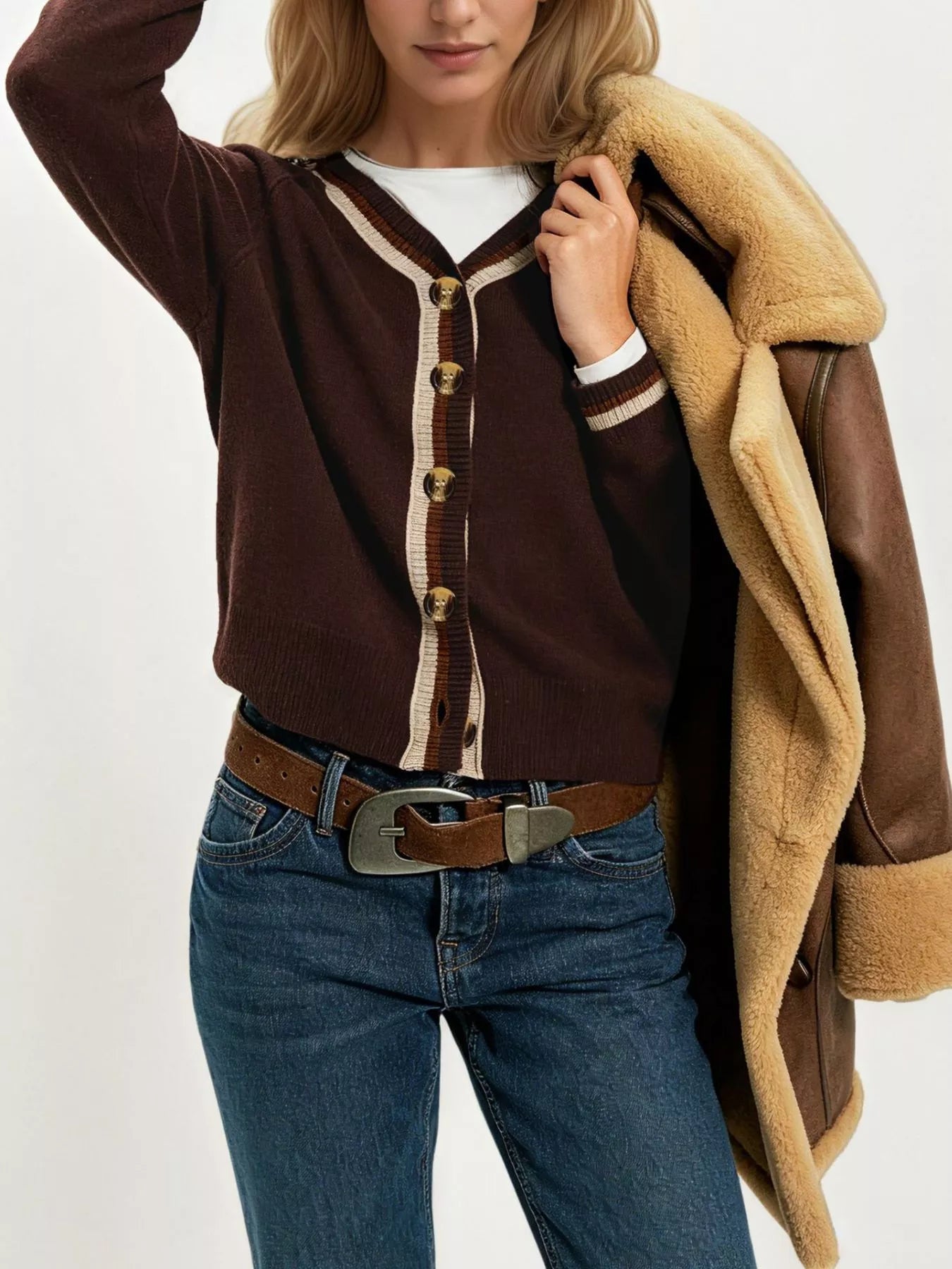 Striped Trim Button-Down Cardigan