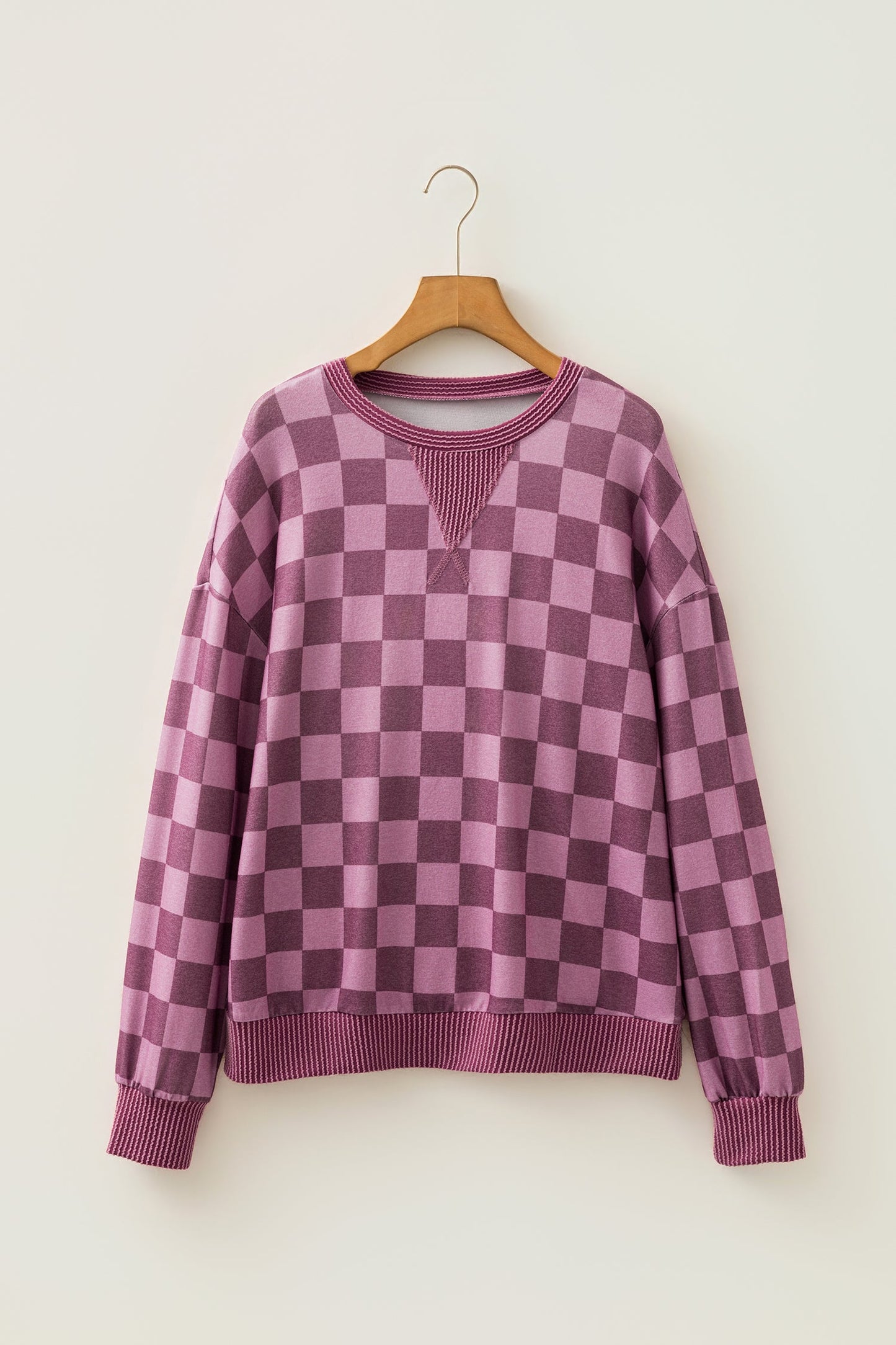Checker Corded Knit Trim Long Sleeve Top