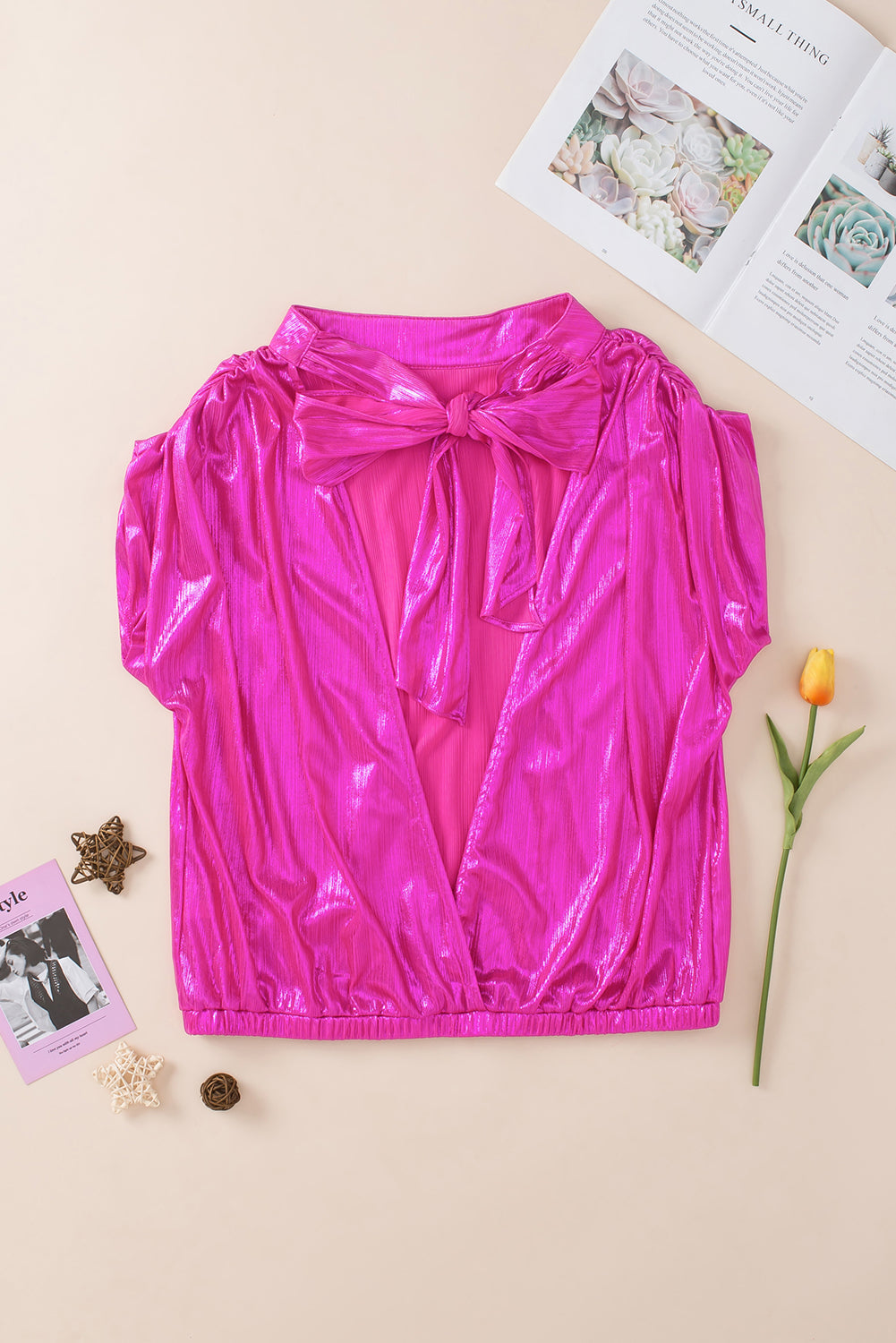 Metallic Bow Tie Ruched Sleeve Backless Blouse