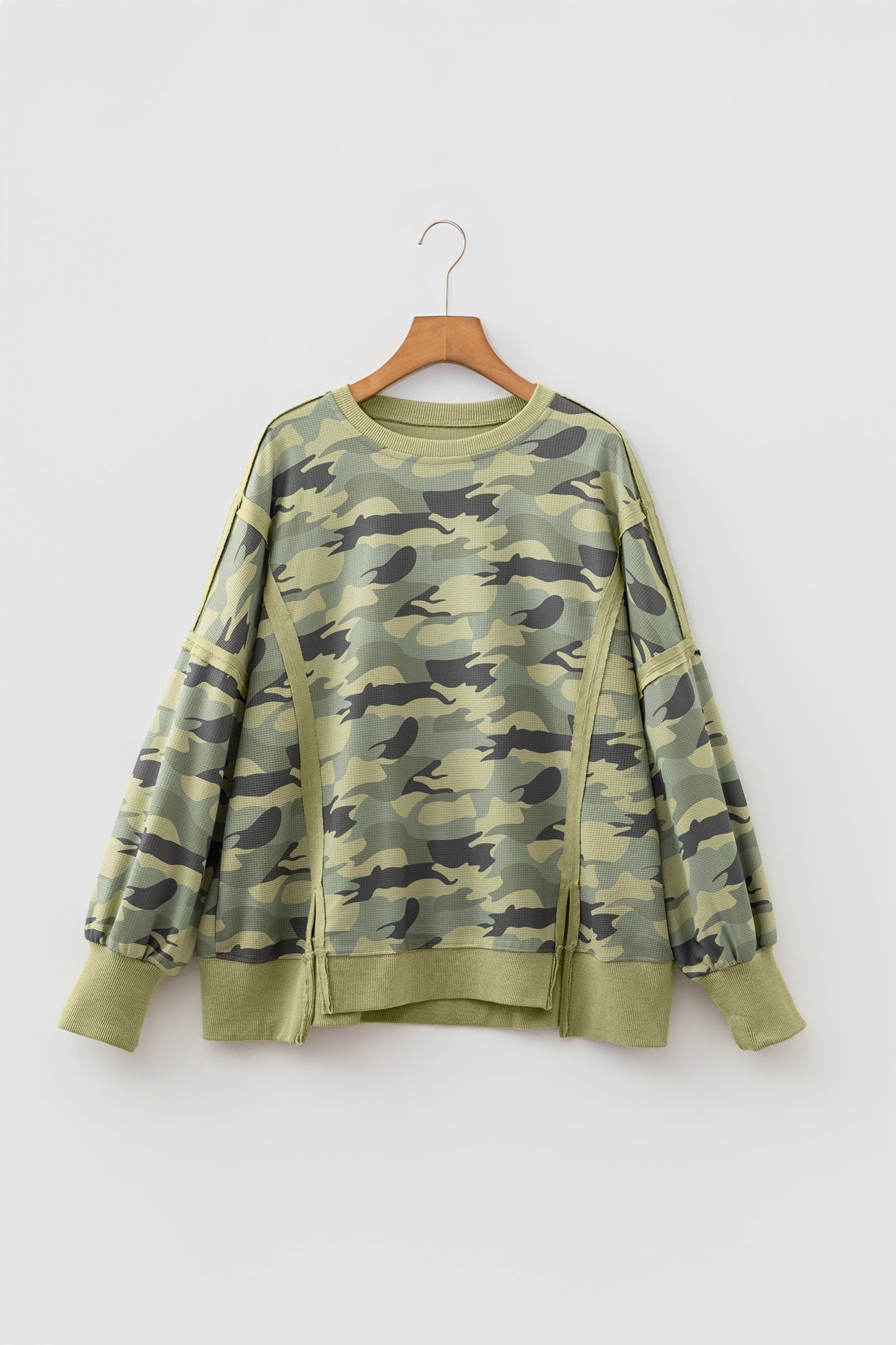 Camo Waffle Knit Reverse Seam Long Sleeve Top