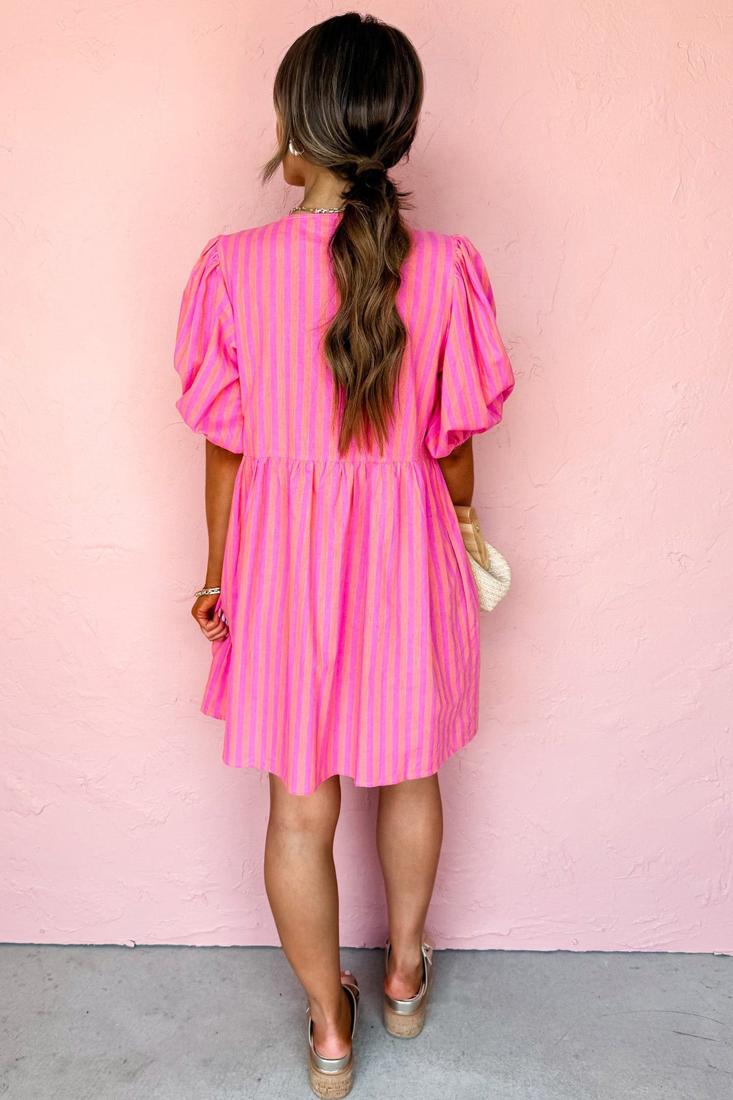Stripe Bow Tie Front Short Puff Sleeve Dress