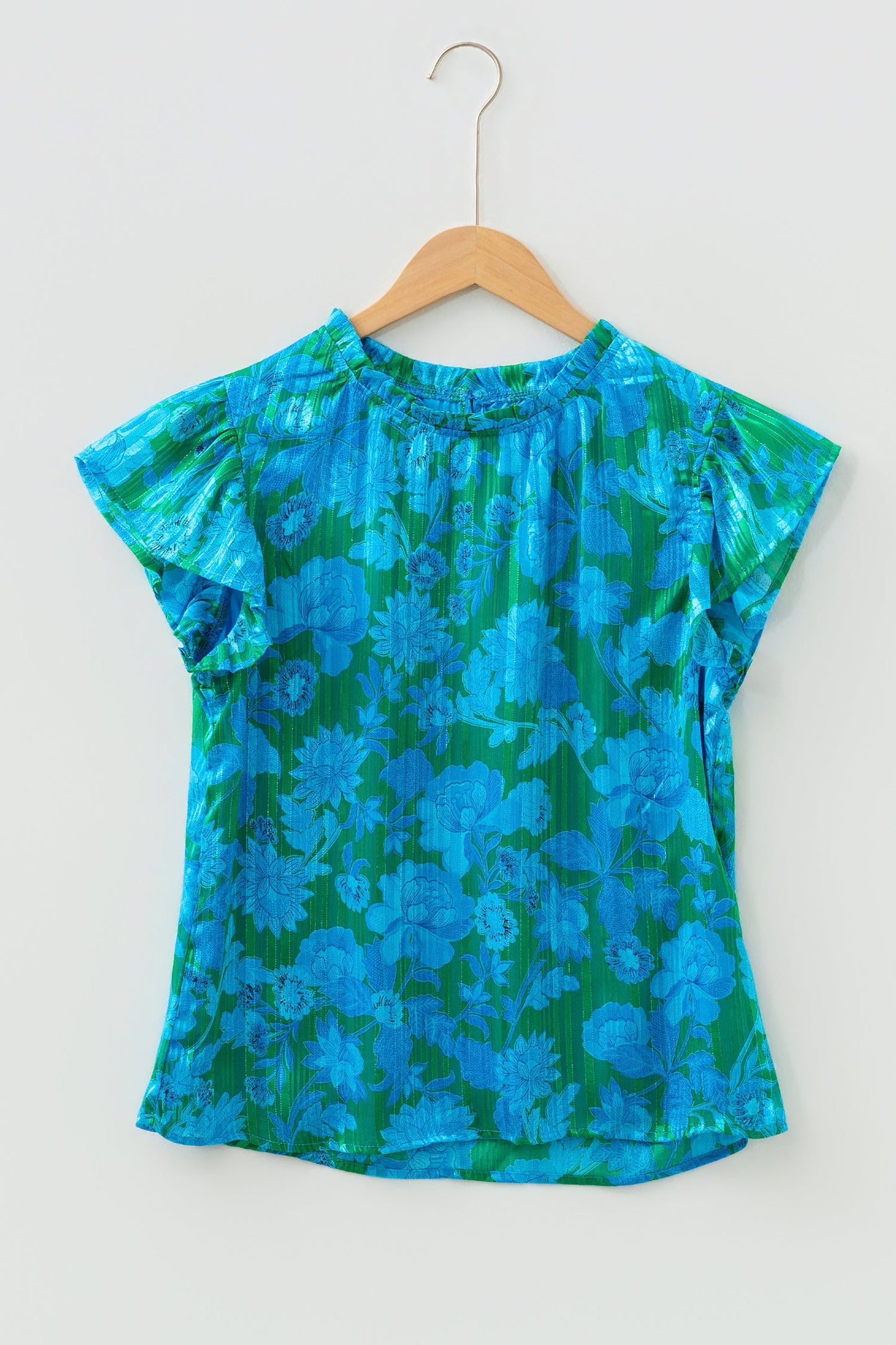 Floral Ruffle Sleeve Keyhole Back Blouse